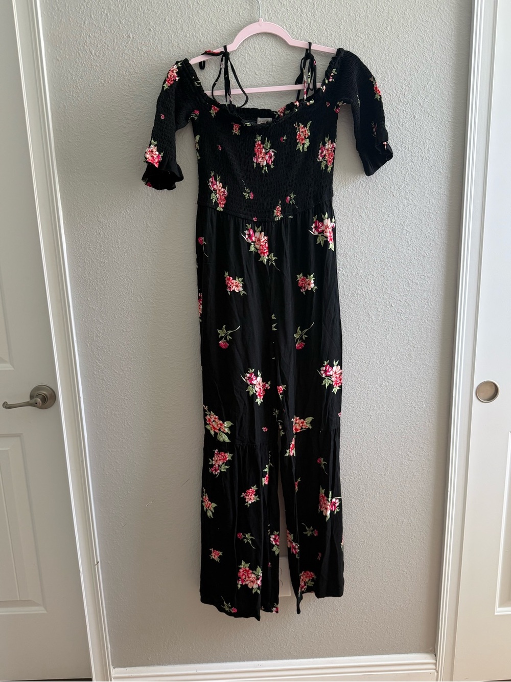 Xhilaration Black Floral Off-Shoulder Wide-Leg Jumpsuit with Pink Flowers